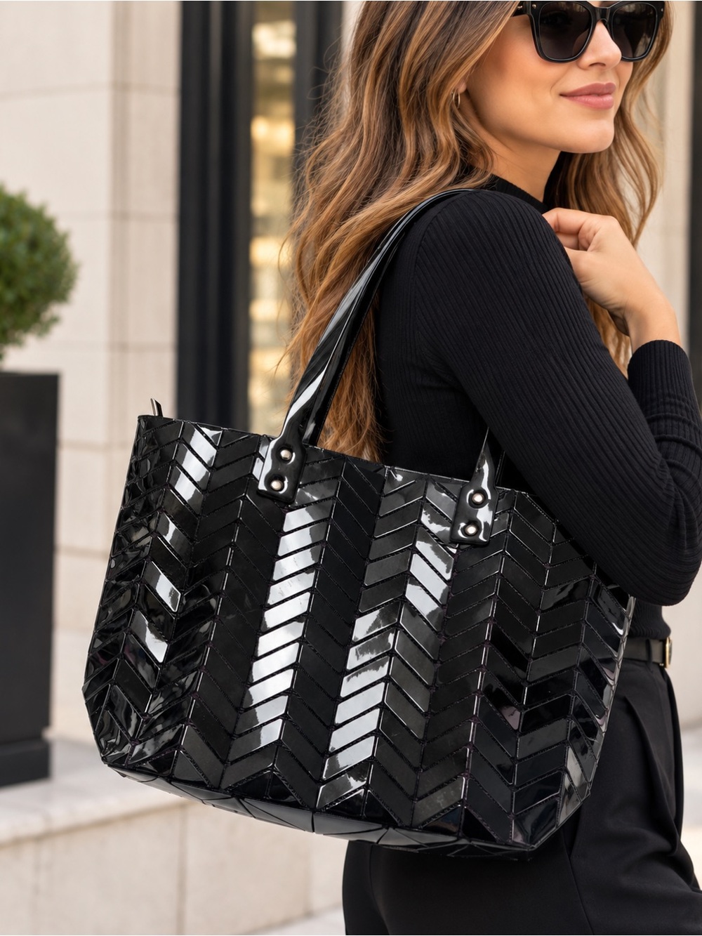 Patrizia Luca Black Glossy Chevron Geometric Tote Bag